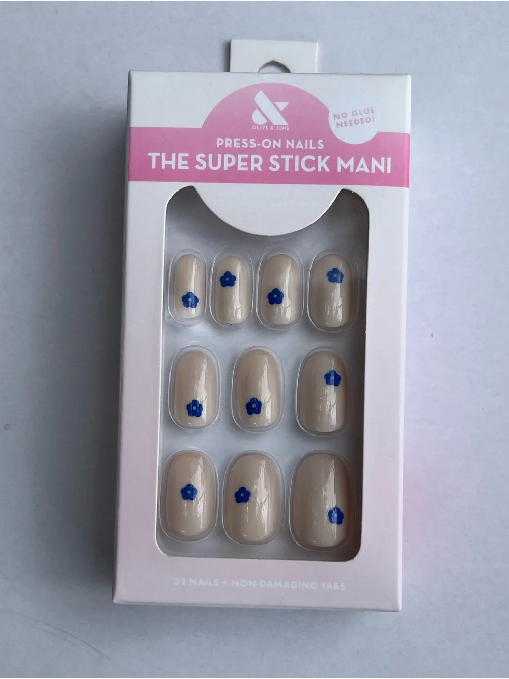 Nude Press-On Nails with Blue Flower Accents - The Super Stick Mani